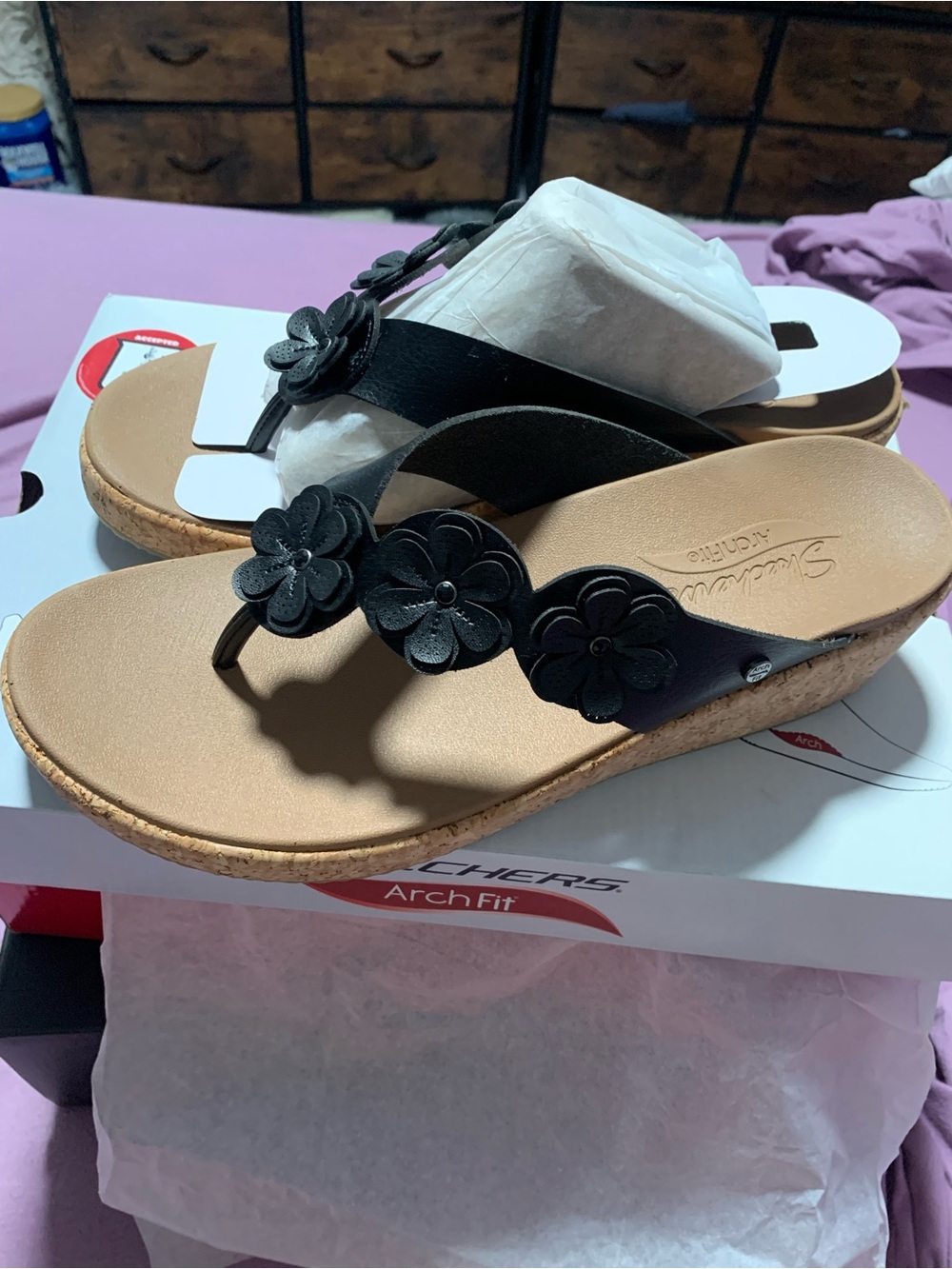 Skechers Black Floral Cork Wedge Thong Sandals
